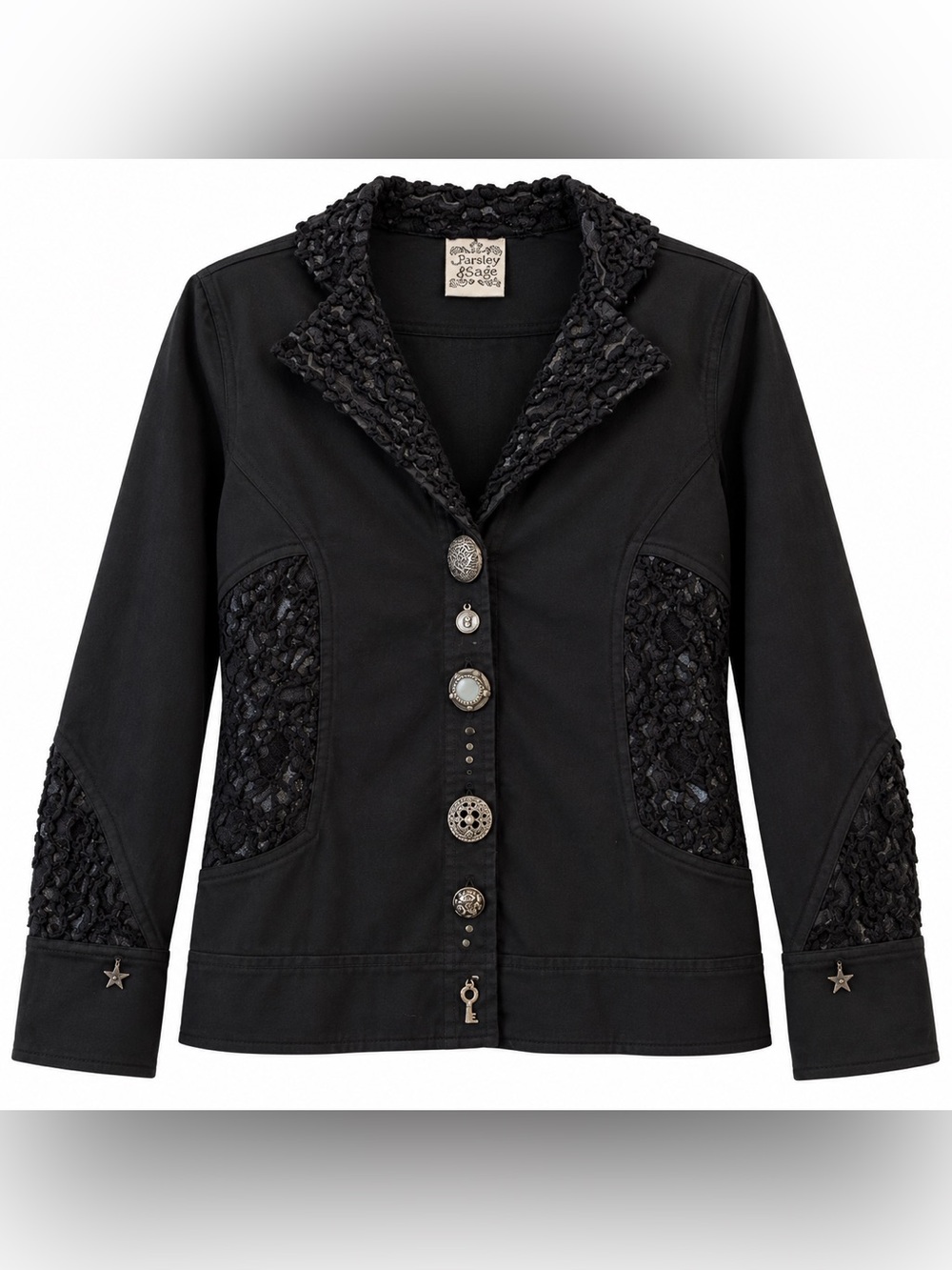 PARSLEY & SAGE | Black Lace-Trim Button Front Blazer